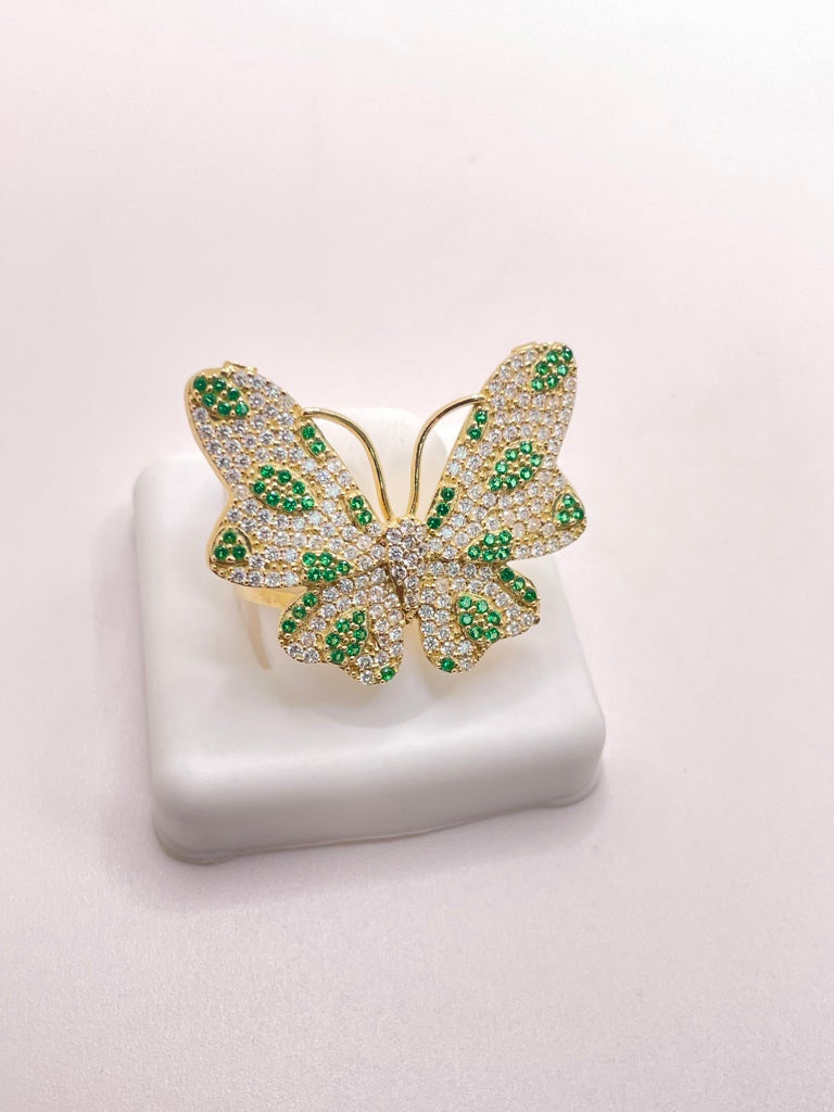 10KT FANCY BIG BUTTERFLY WITH GREEN AND WHITE STONES RING  Size 7 Weight 5.27GR