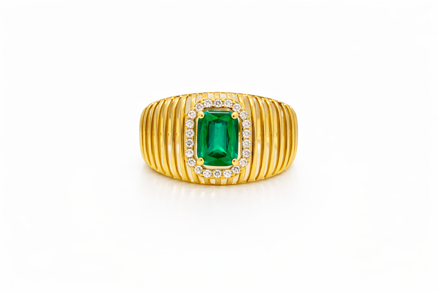 14KT DELICATE BAR DESIGN BACKGROUND GREEN STONE RING Size 8 Weight 2.9GR