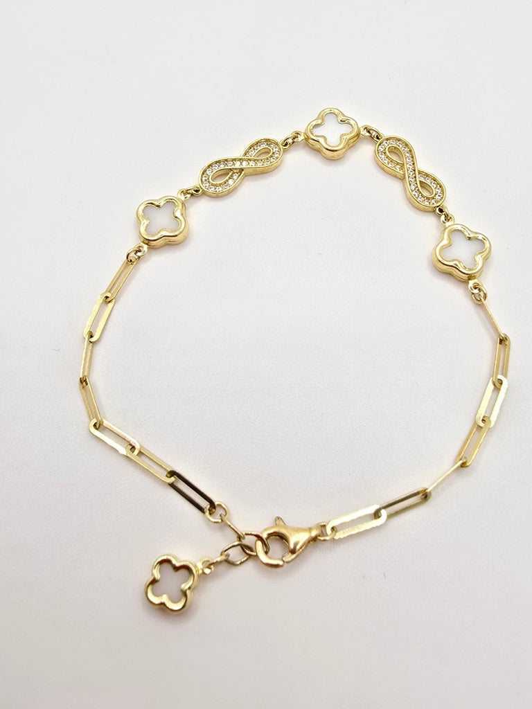 10KT PAPER CLIP BRACELET WITH SMALL INFINITY AND WITHE CLOVER Size 7.5INCH 2MM Weight 4.9GR