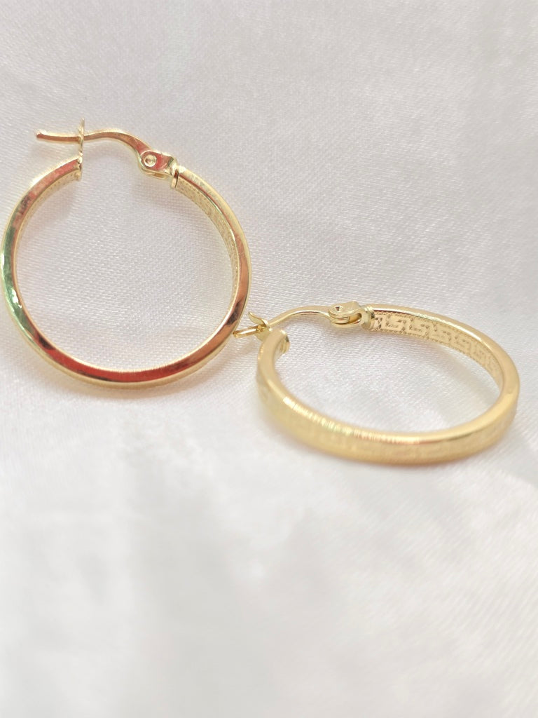 14KT GREEK DESING STRAIGHT EDGE HOOPS EARRINGS Size 3 2.5MM Weight 1.7GR
