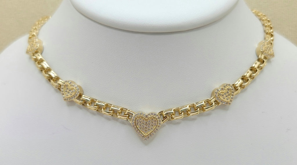 10KT CHINO LINK CZ SMALL HEARTS NECKLACE  Size 16INCH 5MM Weight 21GR