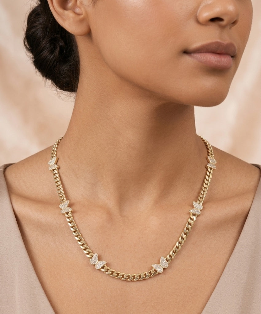 14KT SMALL CZ BUTTERFLYS MONACO STYLE NECKLACE Size 18INCH 5MM Weight 15GR