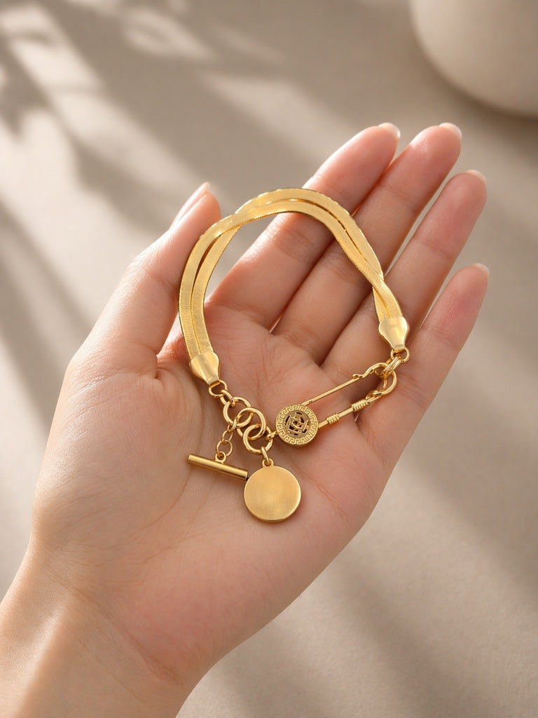 14KT SPECIAL OFFER MODERN FLAT DESIGN WITH DANGLING DETAILS BRACELET Size 7INCH  Weigth 12.5GR