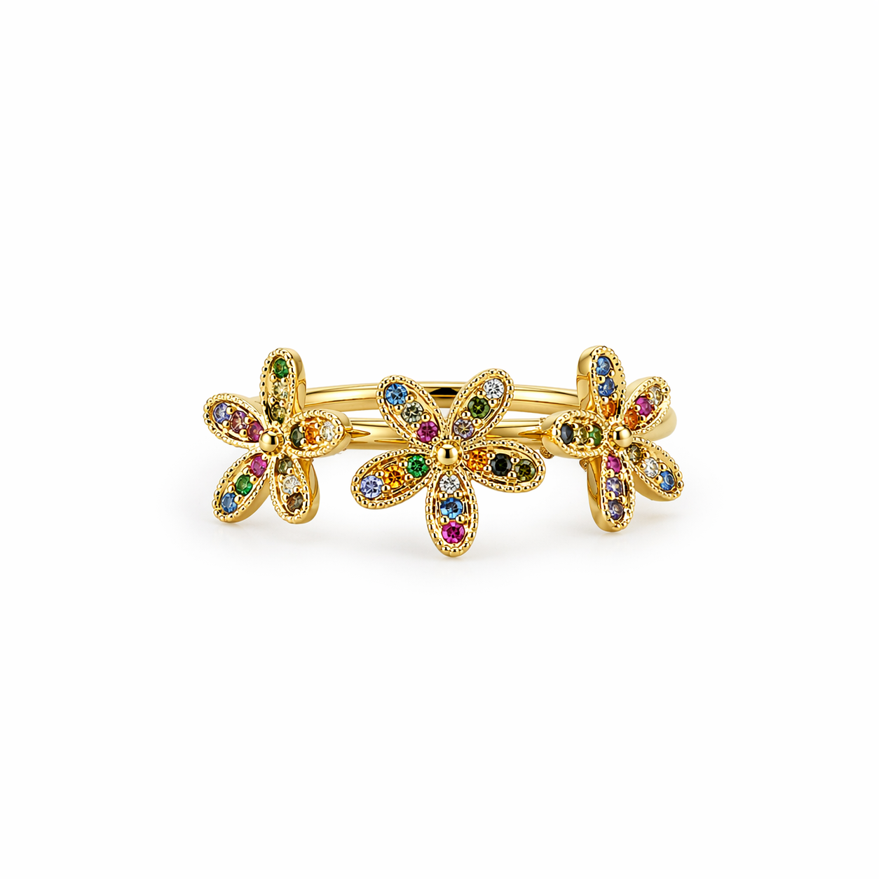 14KT RING WITH THREE FLOWERS AND CZ DETAIL IN VARIOUS COLORS Size 8 Weight 2.7GR