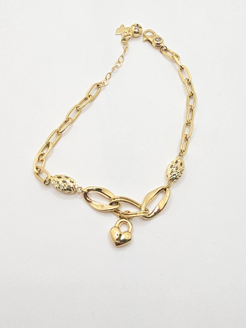 14KT PAPER CLIP WITH SMALL HEART CHARM BRACELET Size 7INCH Weight 5.8GR