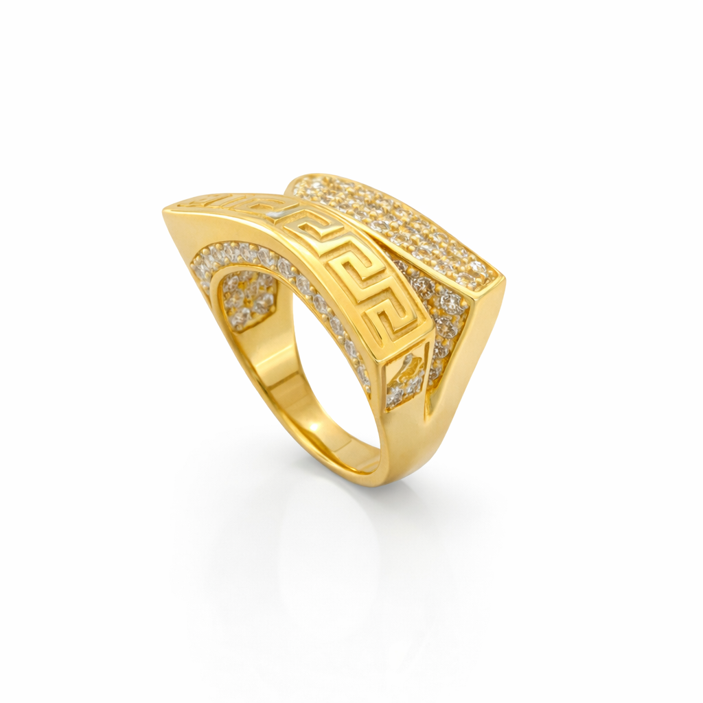 14KT EXOTIC CZ AND GREEK DESIGN ASYMMETRIC RING Size 7.5 Weigth 4.7GR