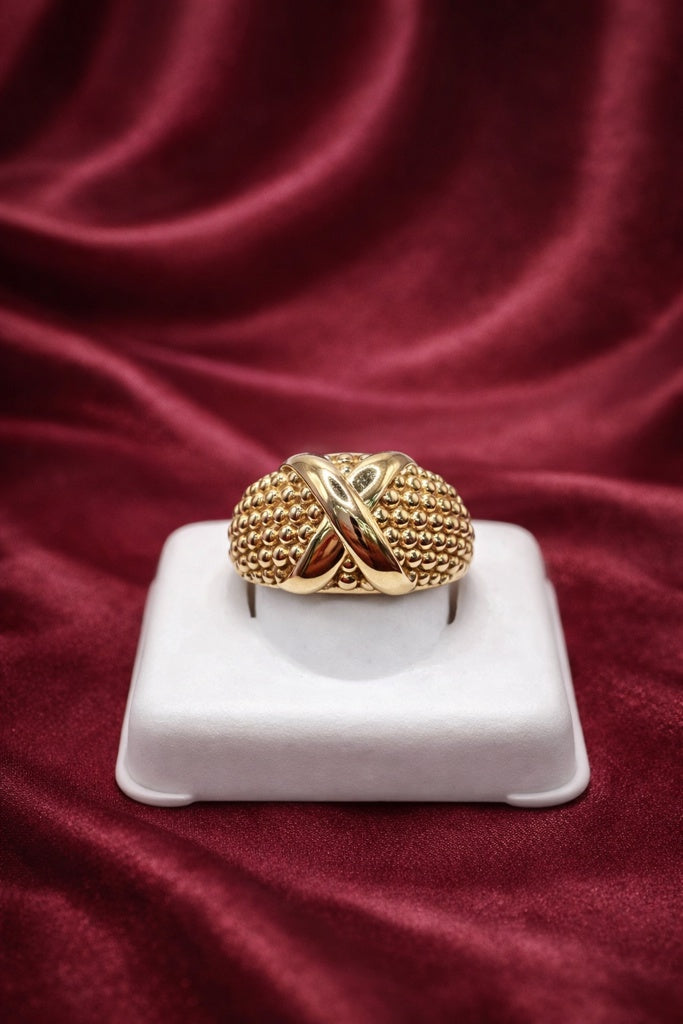 10KT MODERN POP CORN DESIGN "X" DETAIL WOMAN'S RING Size 7.5/8 Weigth 3.4GR