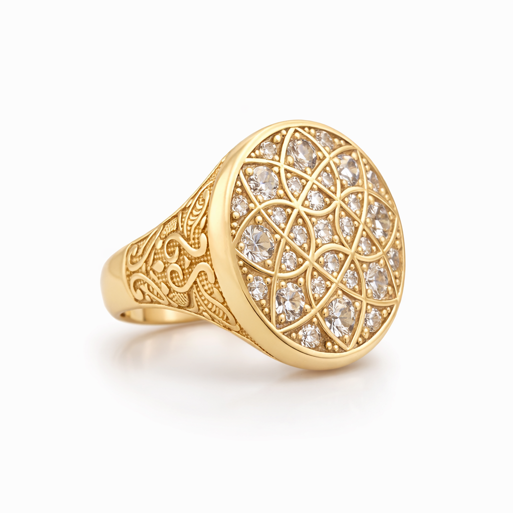 14KT LARGE ROUND ROSETTA MAN'S RING Size 10 Weight 14.2GR