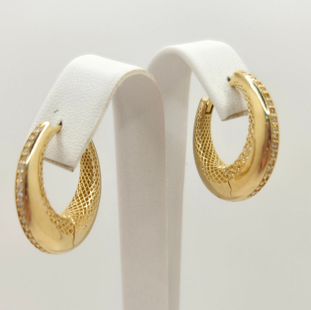 10KT MODERN CZ DETAIL HALF MOON HOOPS EARRINGS Weight 5.3GR