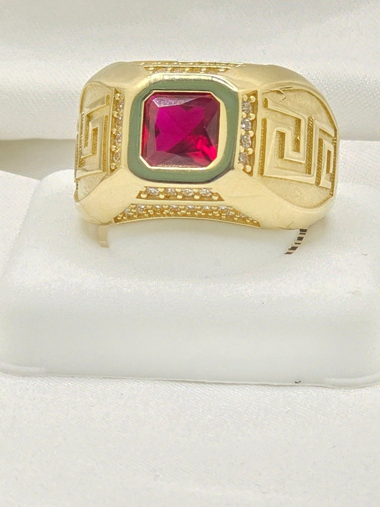14KT SOLID GREEK DESIGN SQUARE RED STONE MAN'S RING Size 12 & 12.5 Weight 10.5GR