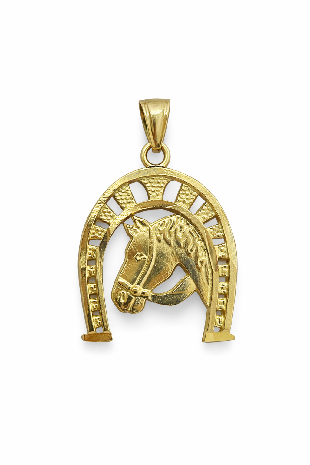 10KT SMALL HORSE SHOE BACKGROUND HORSE PENDANT Size SMALL Weigth 1GR