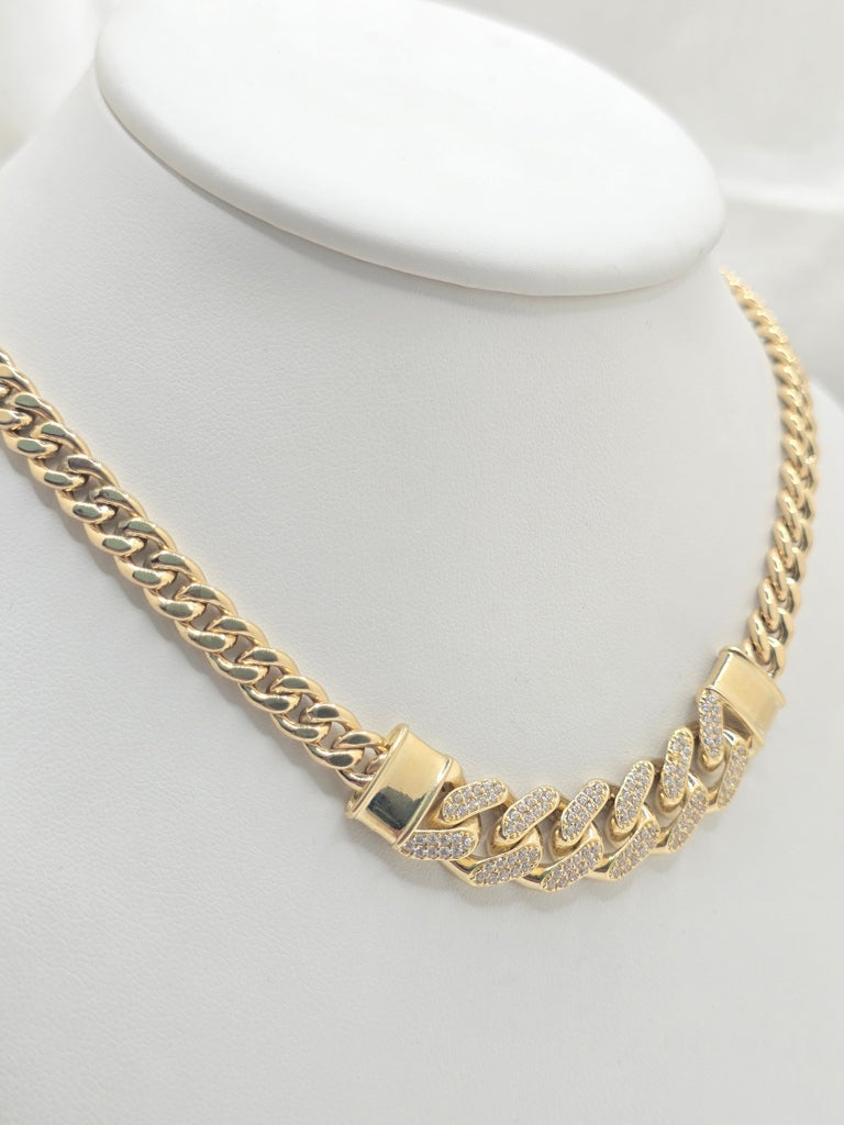 10KT CHAIN DESIGN CZ CUBAN LINK NECKLACE SIZE 18 INCH 6.5MM Weight 18.8GR