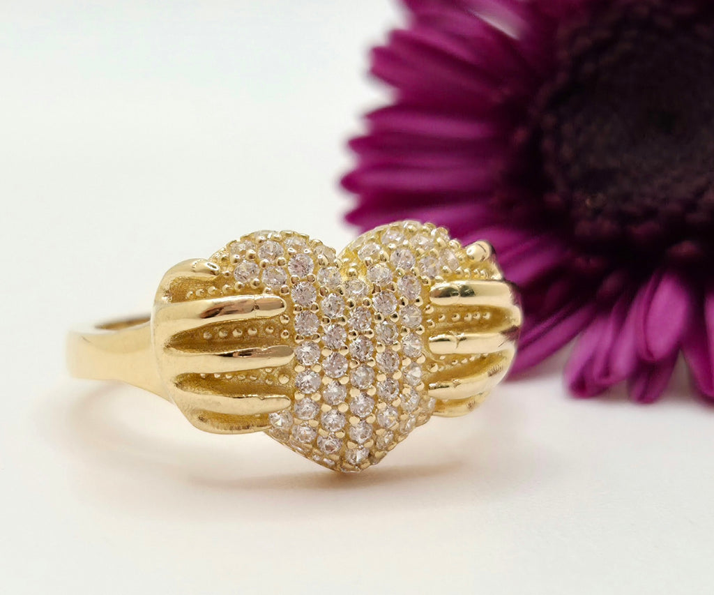 14KT CZ HEART WITH HAND RING Size 8 Weight 3.6GR