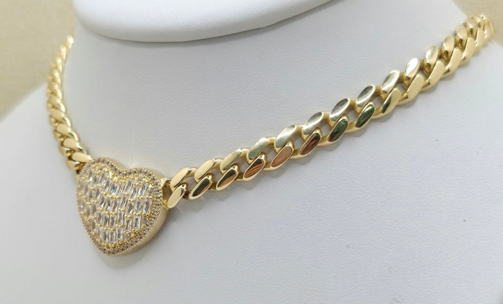 10KT CUBAN LINK BAGUETTE HEART NECKLACE Size 16INCH 6.5GR Weight 24GR