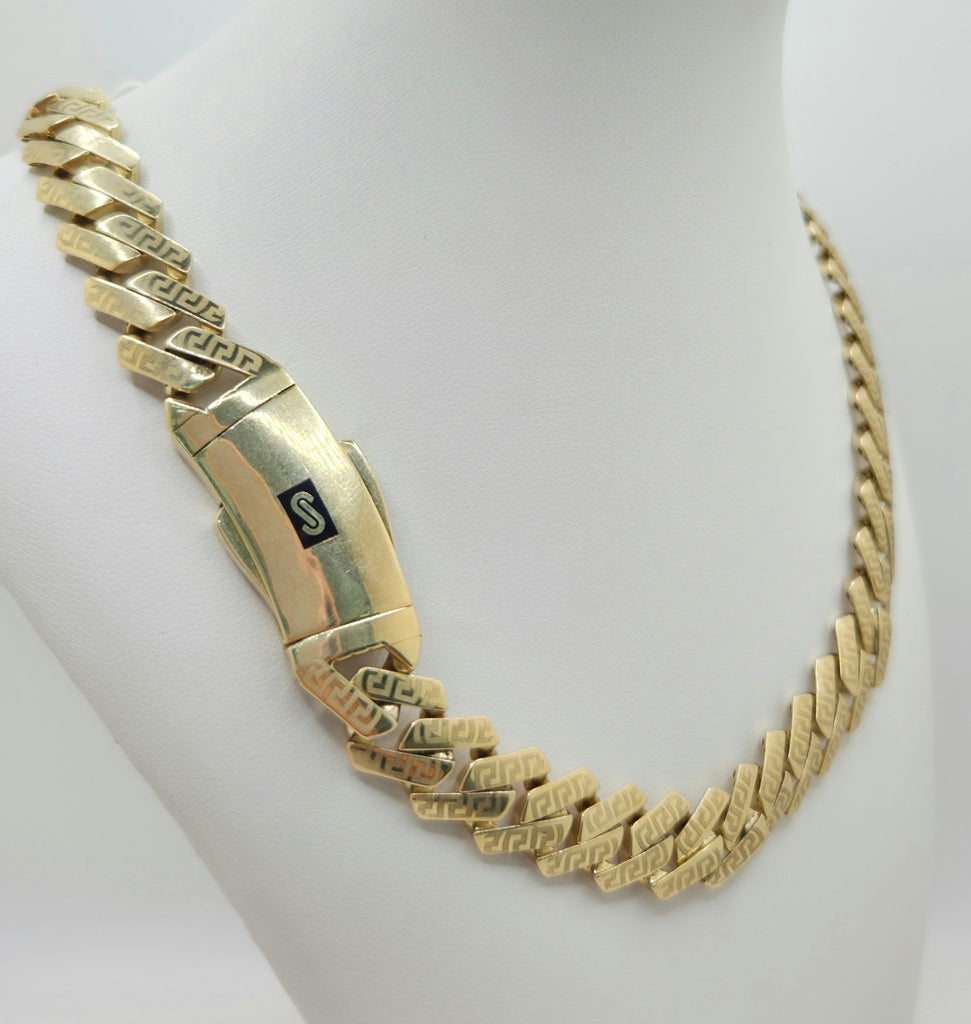 10KT CERTIFIED PLAIN MONACO EDGE CHAIN GREEK DETAIL Size 24INCH 9.5MM Weight 41GR