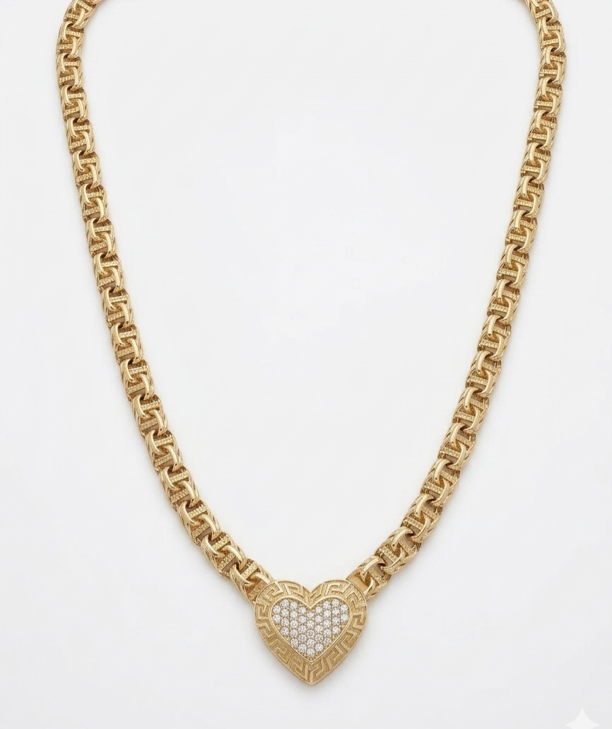 14KT CZ SMALL HEART CHINO LINK NECKLACE WITH GREEK DETAILS Size 18INCH 5MM Weigth 13.6GR
