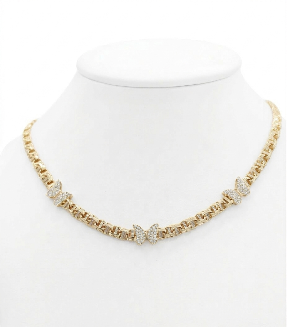 14KT CZ TRHEE BUTTERFLY CHINO LINK NECKLACE Size 18INCH 5MM Weight 15.8GR