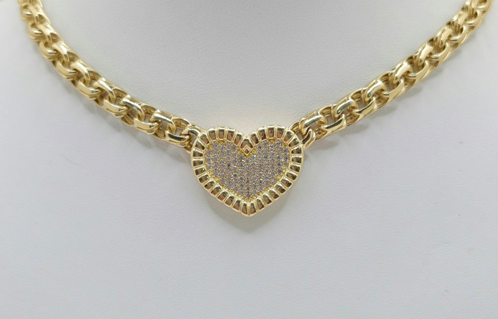 10KT CHINO LINK CZ HEART NECKLACE Size 16INCH 6MM Weight 29.1GR
