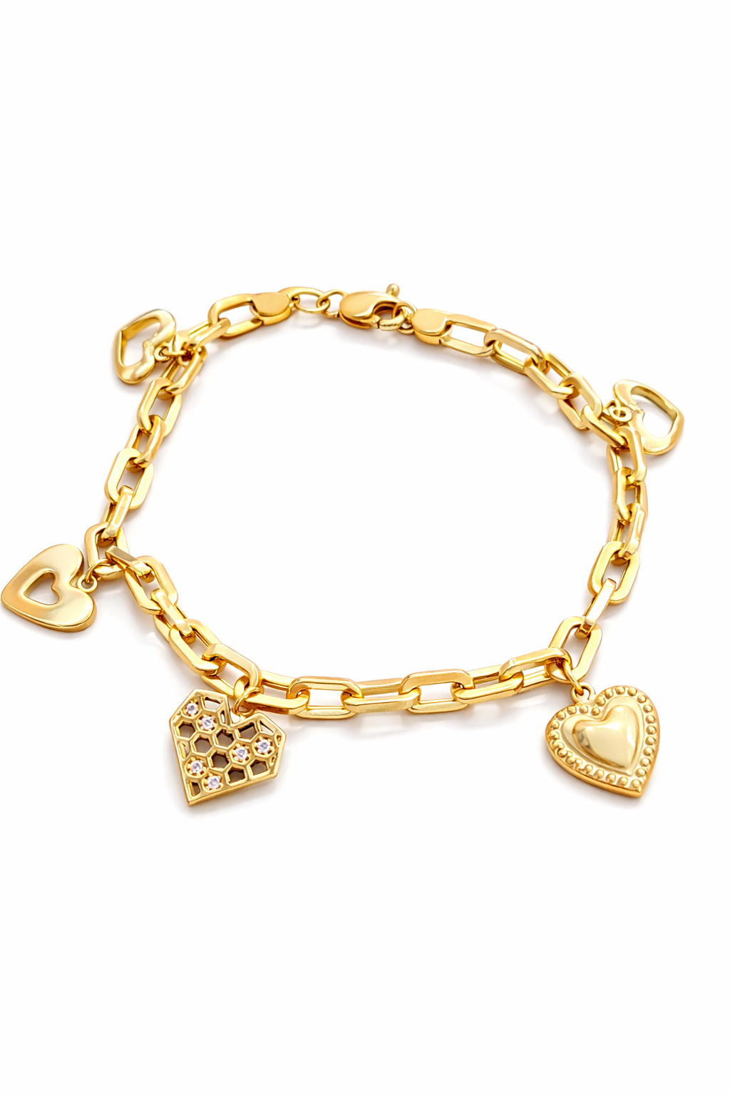 14KT DIFFERENTS HEARTS PENDANTS PAPER CLIP BRACELET Size 7INCH Weight 7.8GR