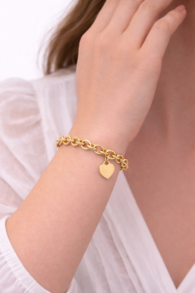 14KT SPECIAL OFEFR ROLO BRACELET  WITH HEART DANGLINGSize 7.5INCH  Weigth 7.9GR