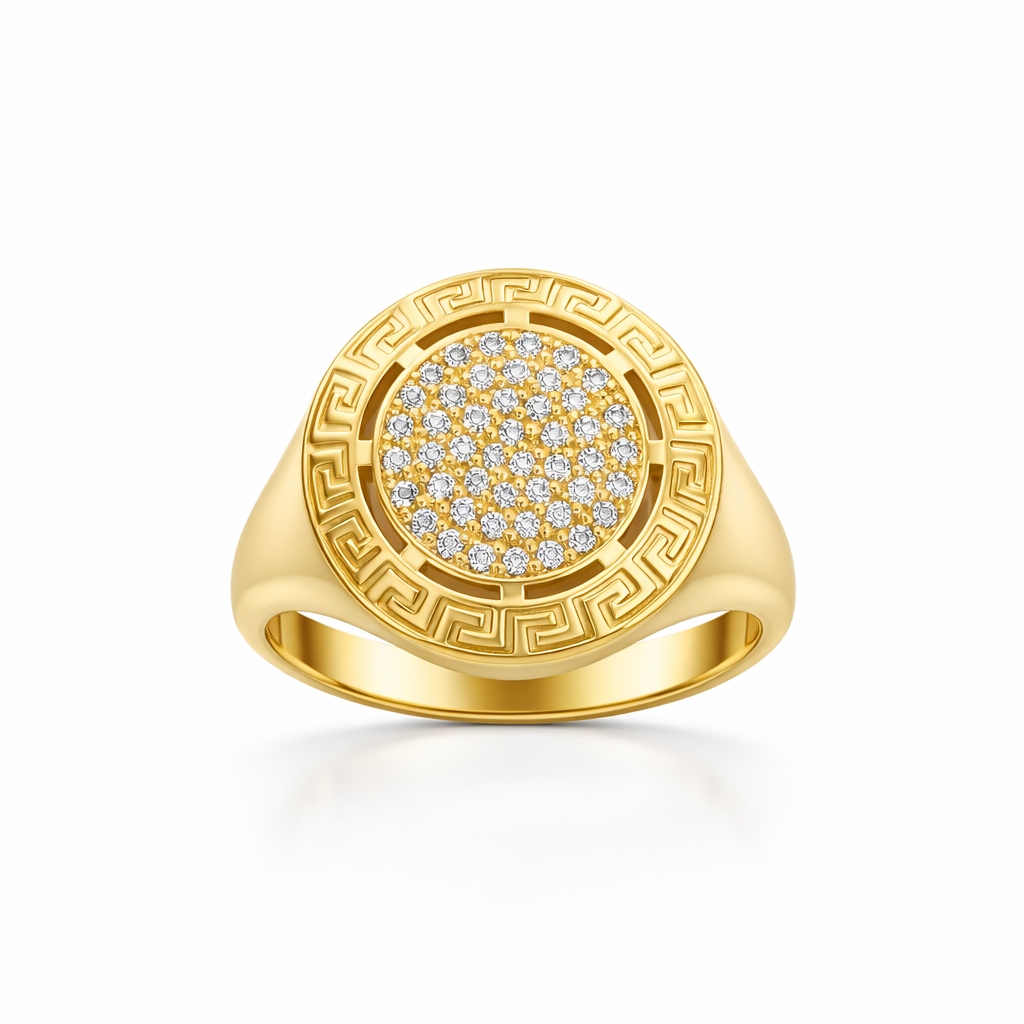 14KT MODERN GREEK FRAME ROUND CZ RING Size 8 Weight 4.40GR