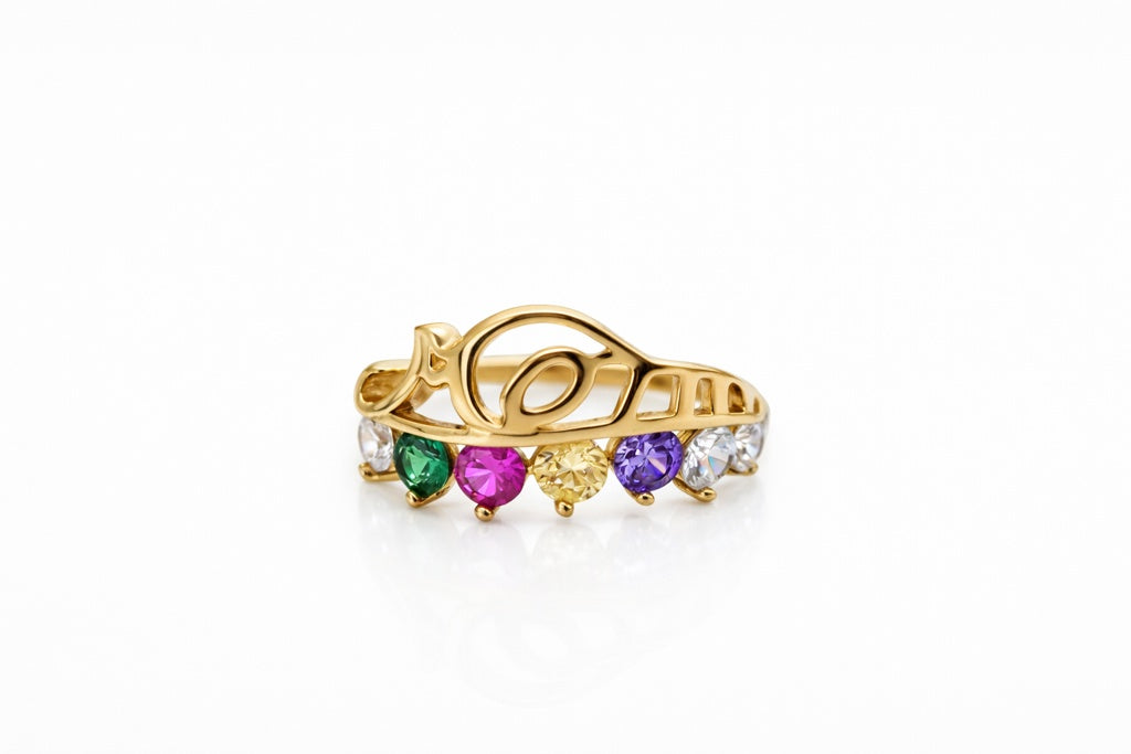 10KT MOM RING WITH 6 COLORED CZ DETAILS Size 7 & 8 Weight 2.4GR