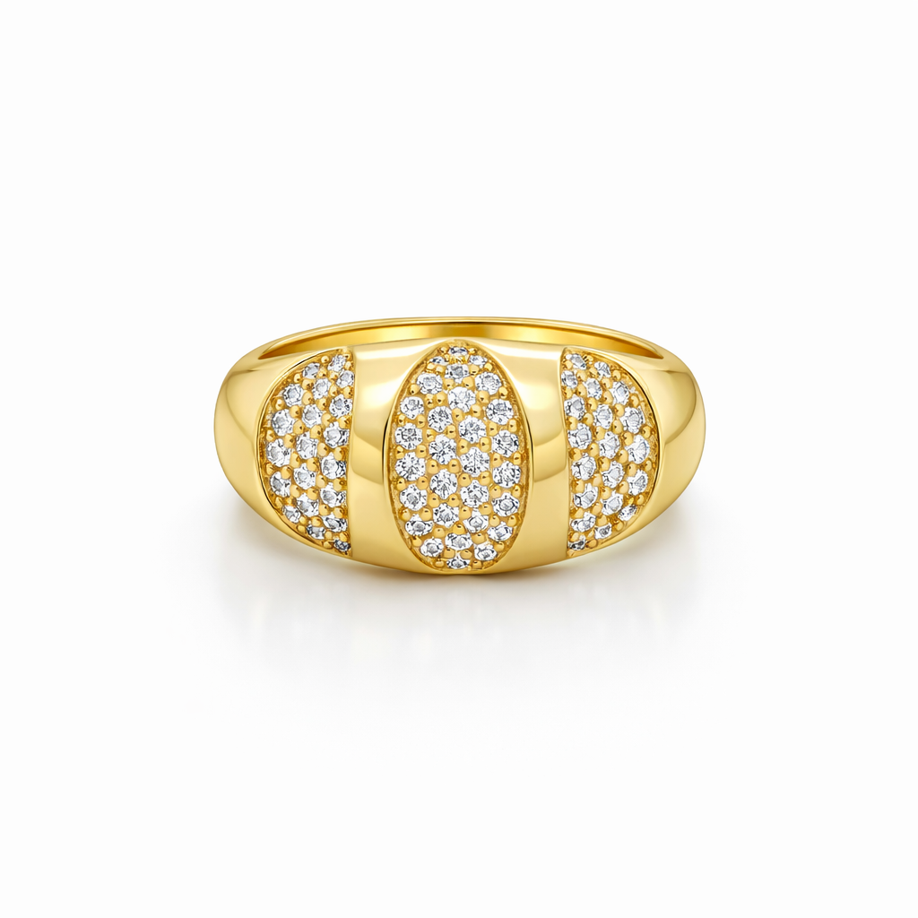 14KT EXOTIC RING WITH OVAL DETAILS AND FILLED WITH CZ SIZE 8 Weight 5.7GR