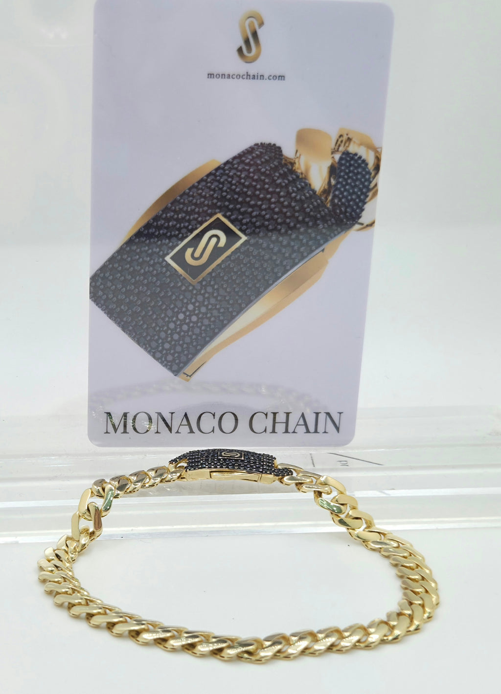 10KT CERTIFIED MONACO BRACELET BLACK CZ CLOSURE Size 7INCH 6.5MM Weight 6.5GR