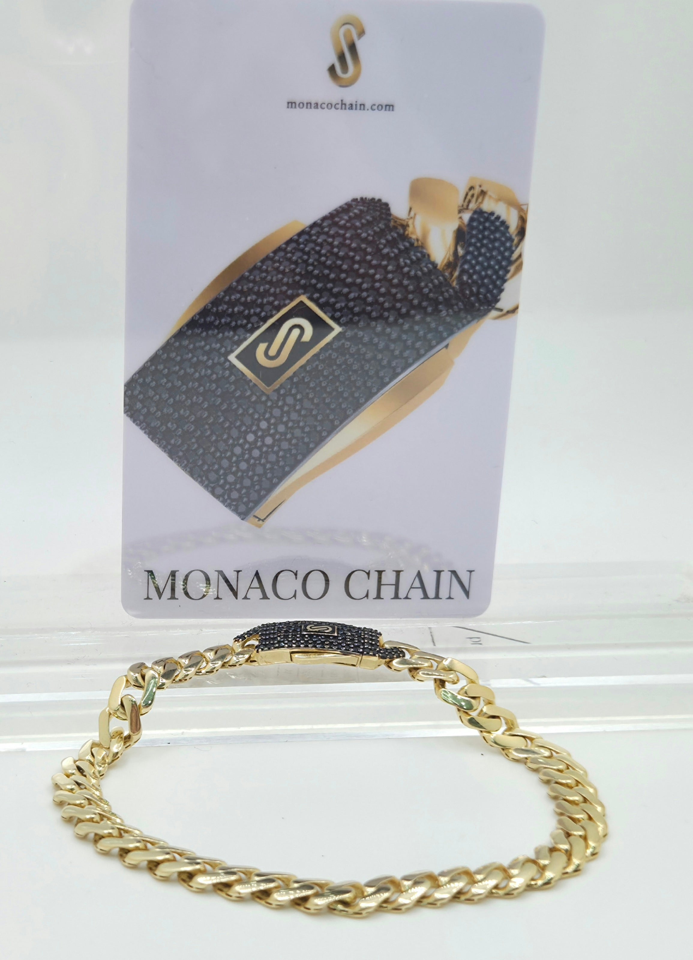 10KT CERTIFIED MONACO BRACELET BLACK CZ CLOSURE Size 7INCH 6.5MM Weight 6.5GR