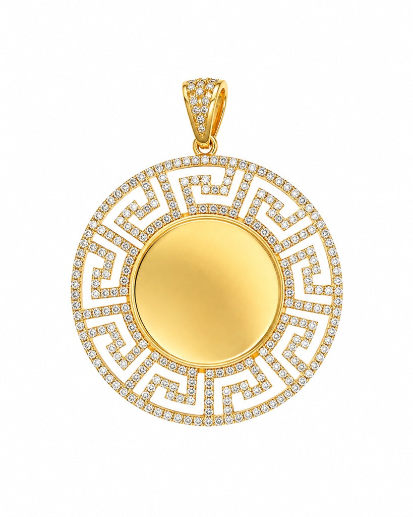 10KT CZ GREEK DESIGN MEMORIAL PENDANT Size 50mm USABLE AREA 28MM Weigth 11.8 grs