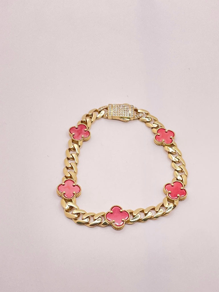 14KT RED CLOVER MONACO STYLE BRACELET Size 7.5INCH 7MM Weight 12.2GR