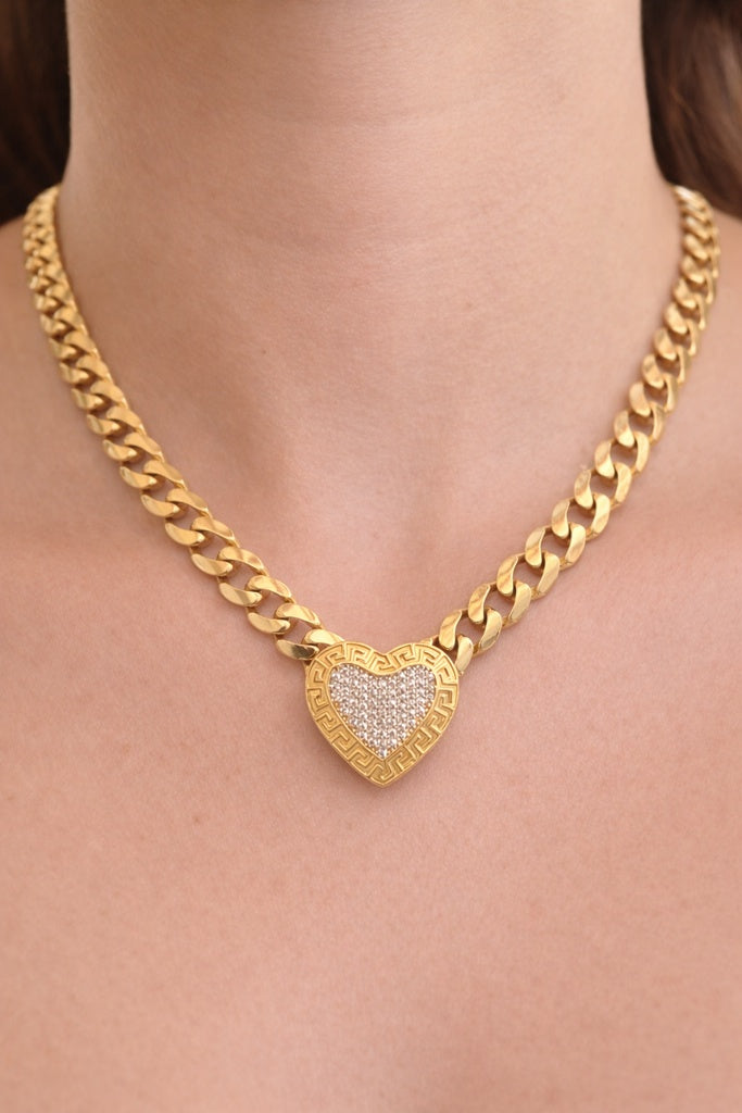 10KT GREEK DESIGN FRAME MEDIUM HEART MONACO STYLE NECKLACE Size 18INCH 7MM Weigth 18.7GR