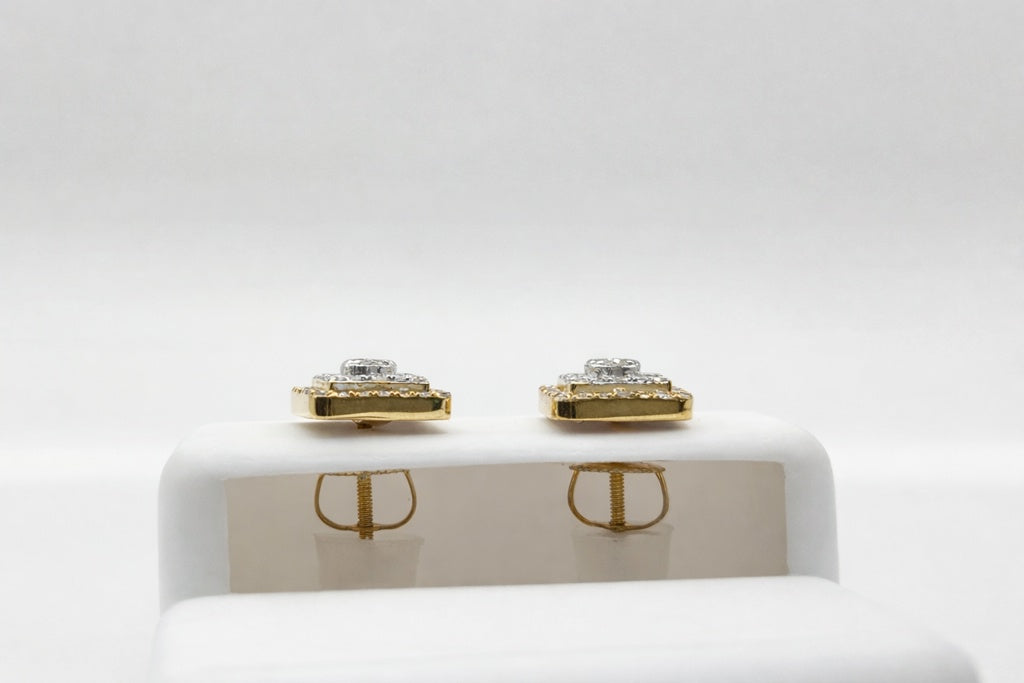 14KT ELEGANT SQUARE NATURAL DIAMOND EARRINGS 3D DESIGN