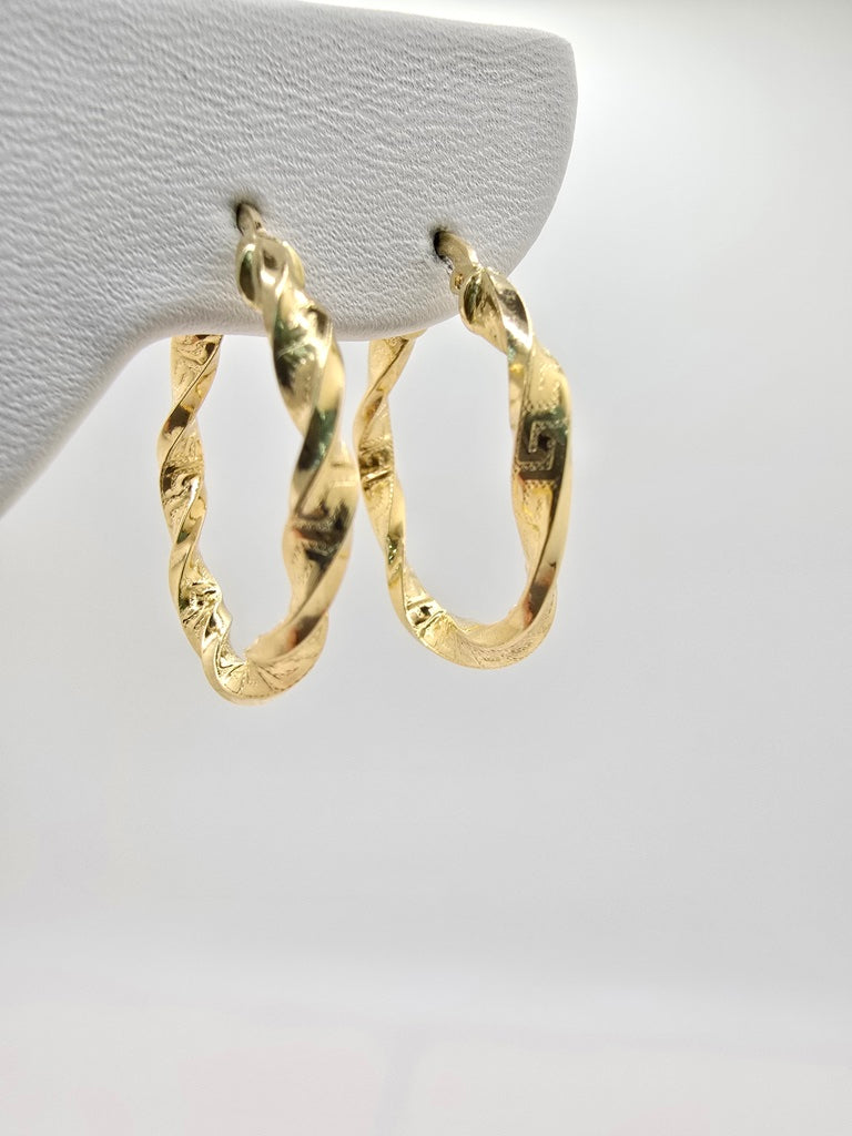 14KT GREEK DESING CROOKED HOOPS EARRINGS Size 3 3.5MM Weight 2.5GR