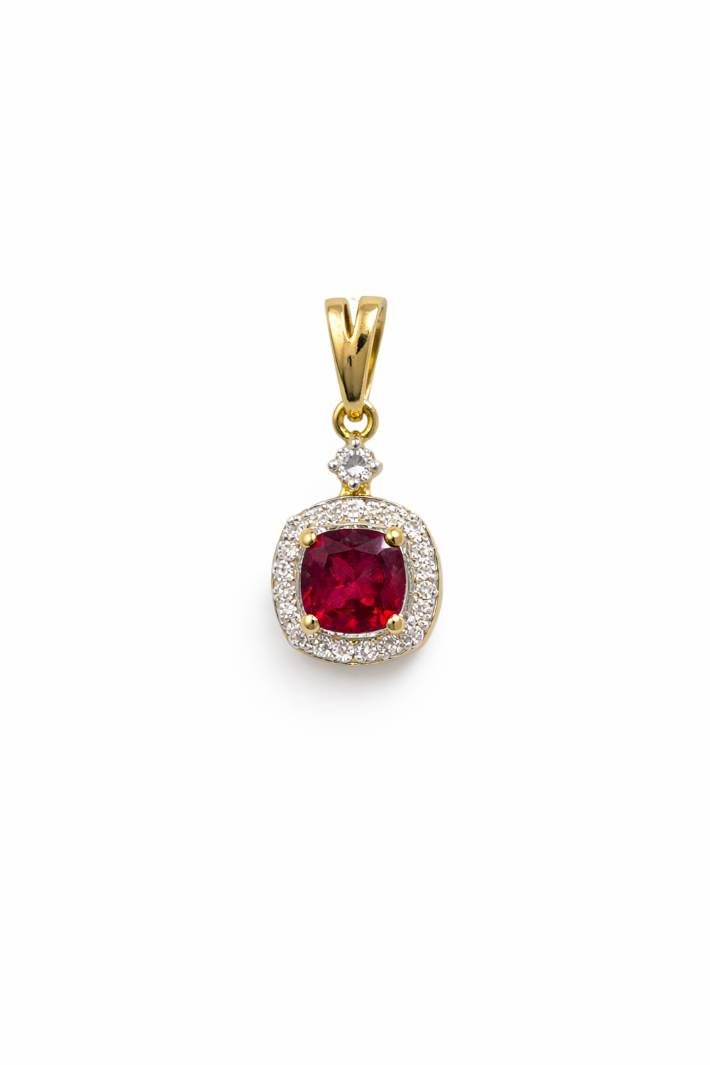 14KT NATURAL DIAMOND AROUND SQUARE LAB RUBI PENDANT Size 0.85CT/0.85GM