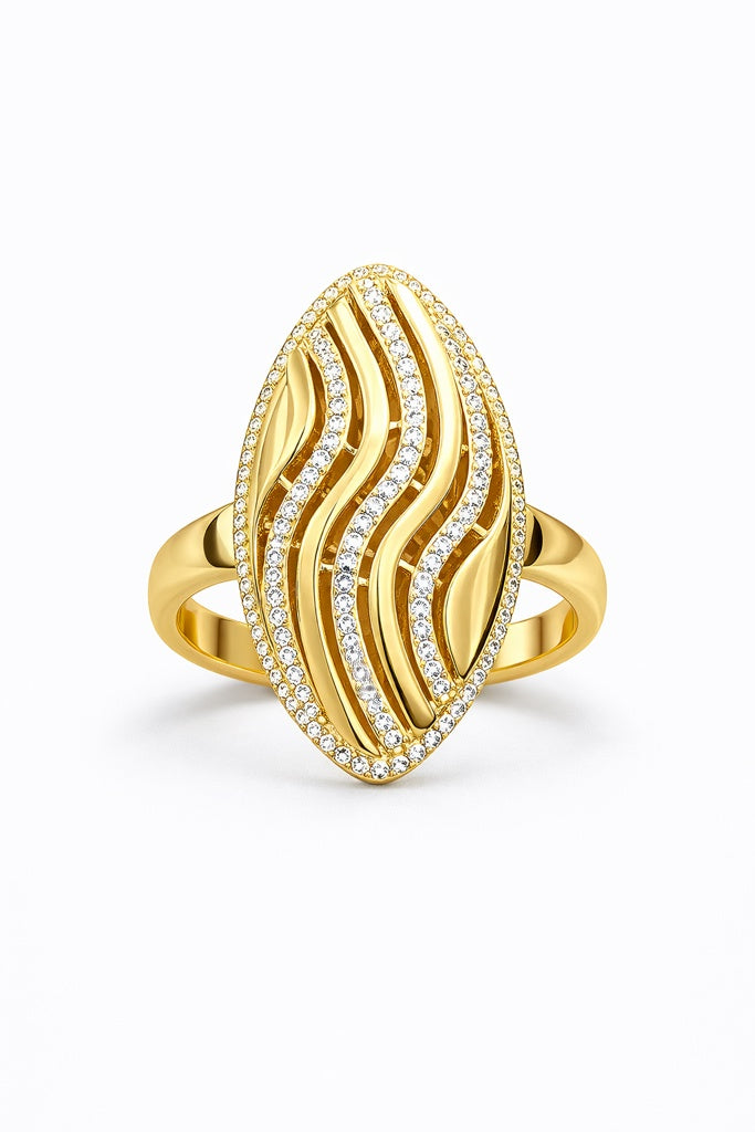 14KT MODERN CZ DETAIL ALMOND DESIGN RING Size 8 Weight 3.9GR