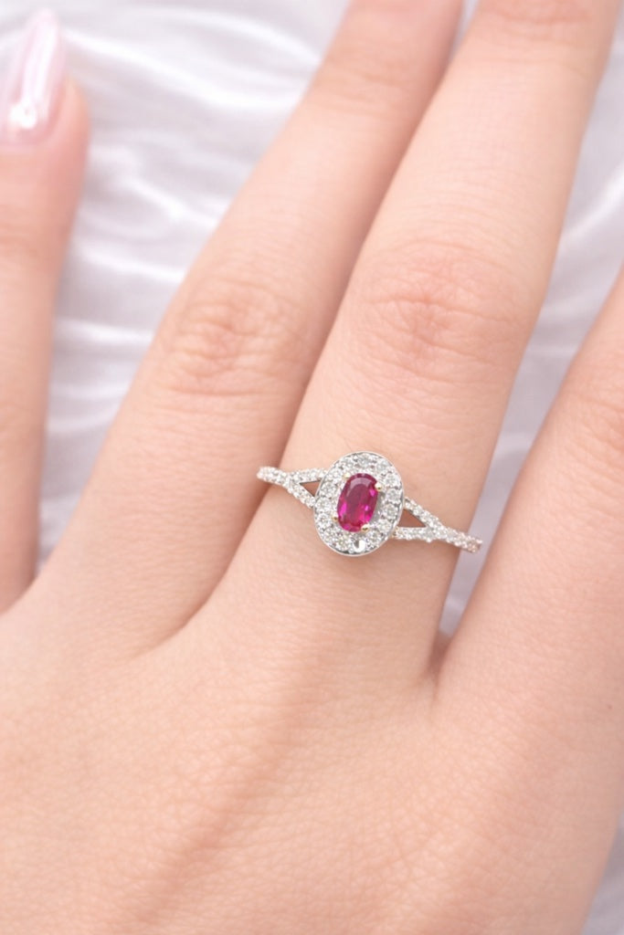 14KT NATURAL DIAMOND AROUND OVAL LAB RUBI ELEGANT RING Size 7/ 0.52CT/ 1.23GM