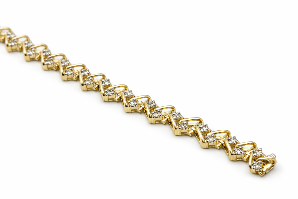 14KT YELLOW GOLD ROUND DIAMONDS ZIGSAG BRACELET Size 8MM 7INCH Weight 14.3 GRS