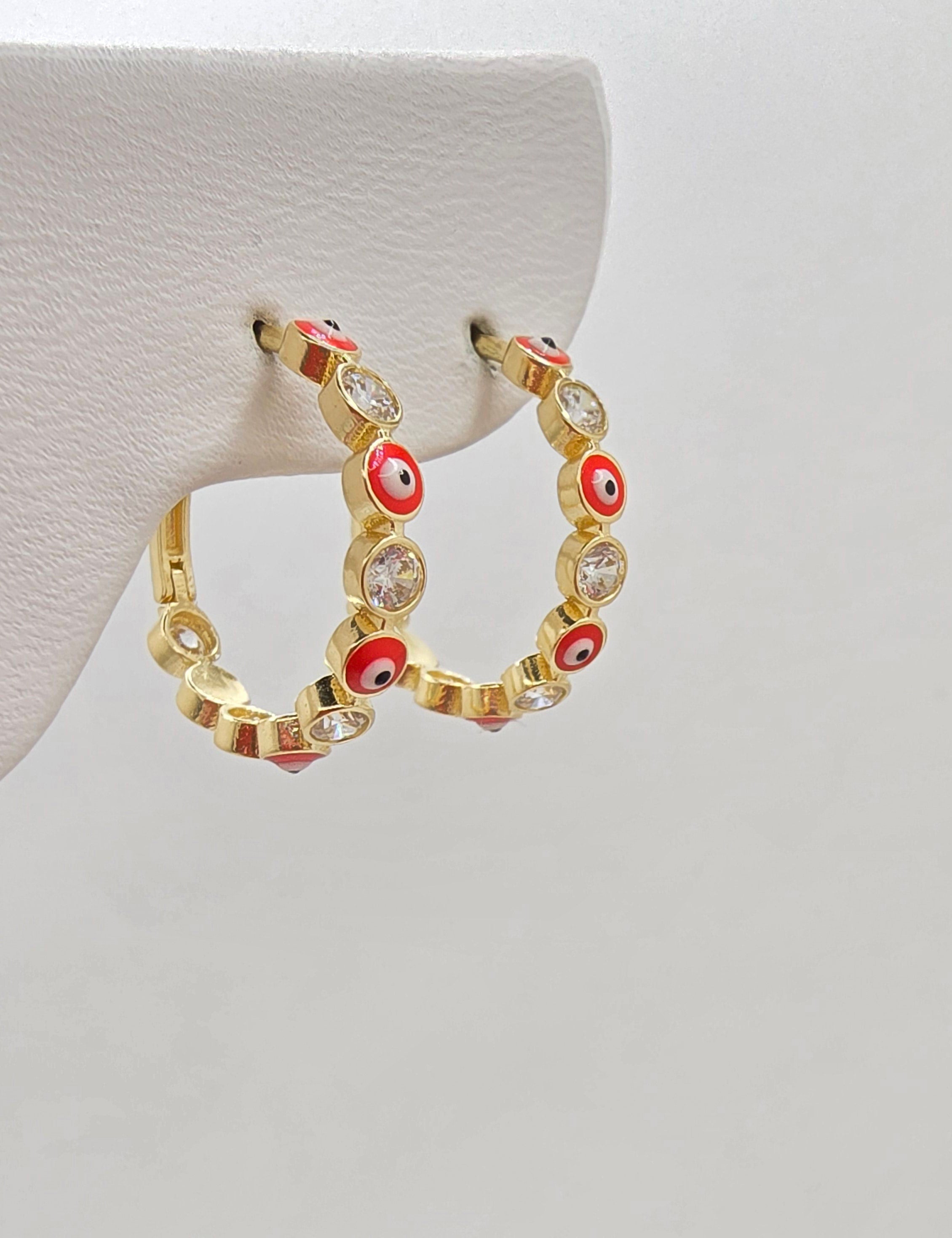 14KT SMALL RED EYES HOOPS EARRINGS Weight 3.1GR