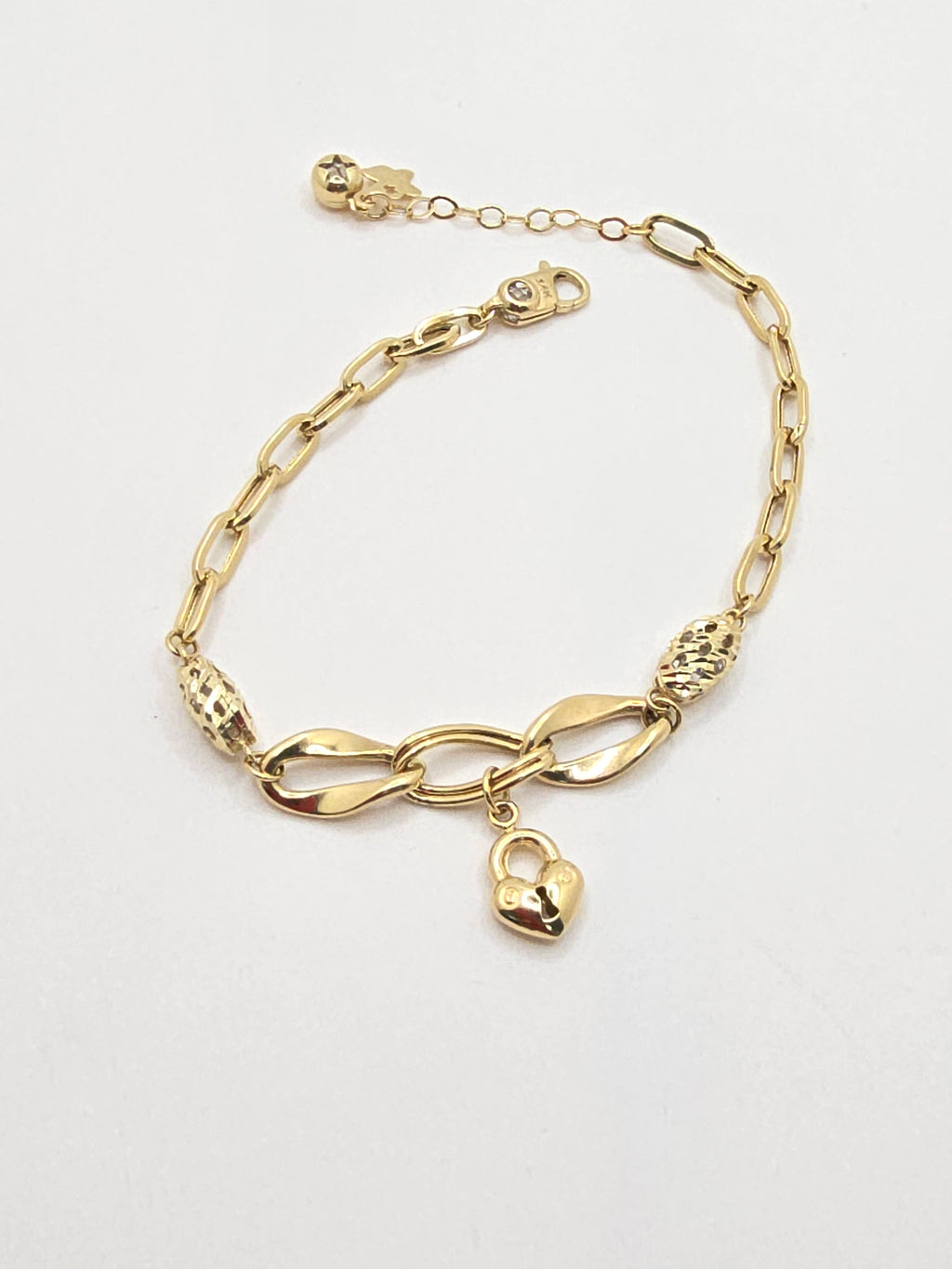 14KT PAPER CLIP WITH SMALL HEART CHARM BRACELET Size 7INCH Weight 5.8GR