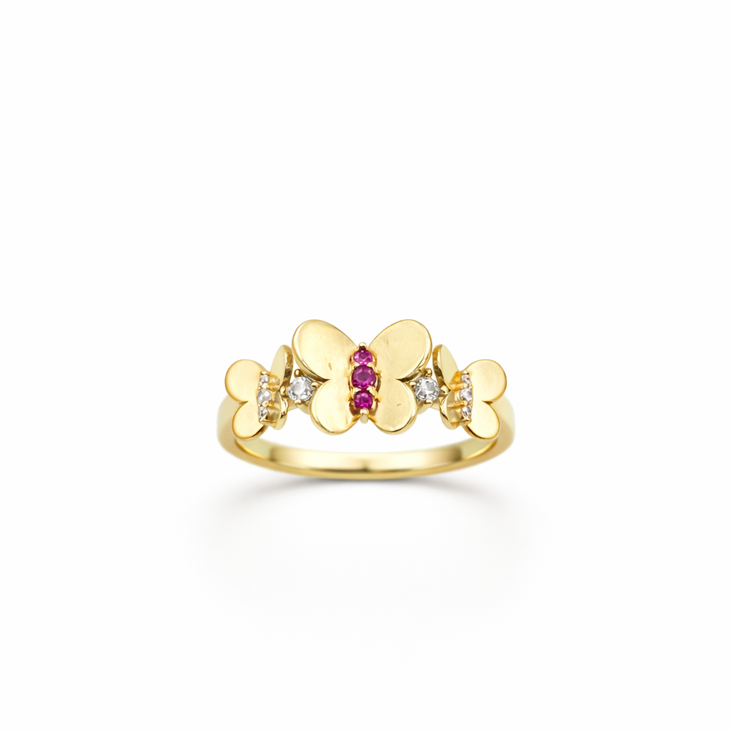 10KT BUTTERFLY BT THREE PINK CZ DETAIL RING Size 8 Weight 2.3GR