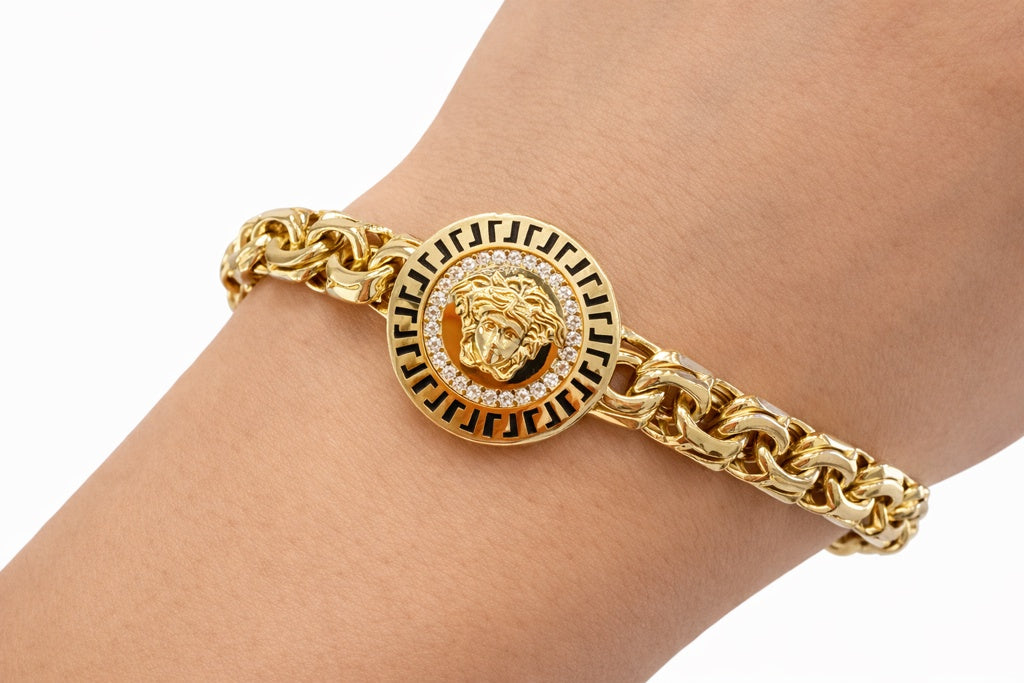 10KT CHINO LINK WITH BLACK DETAIL ROUND MEDUSA BRACELET 8INCH 7.5MM 19.4GR