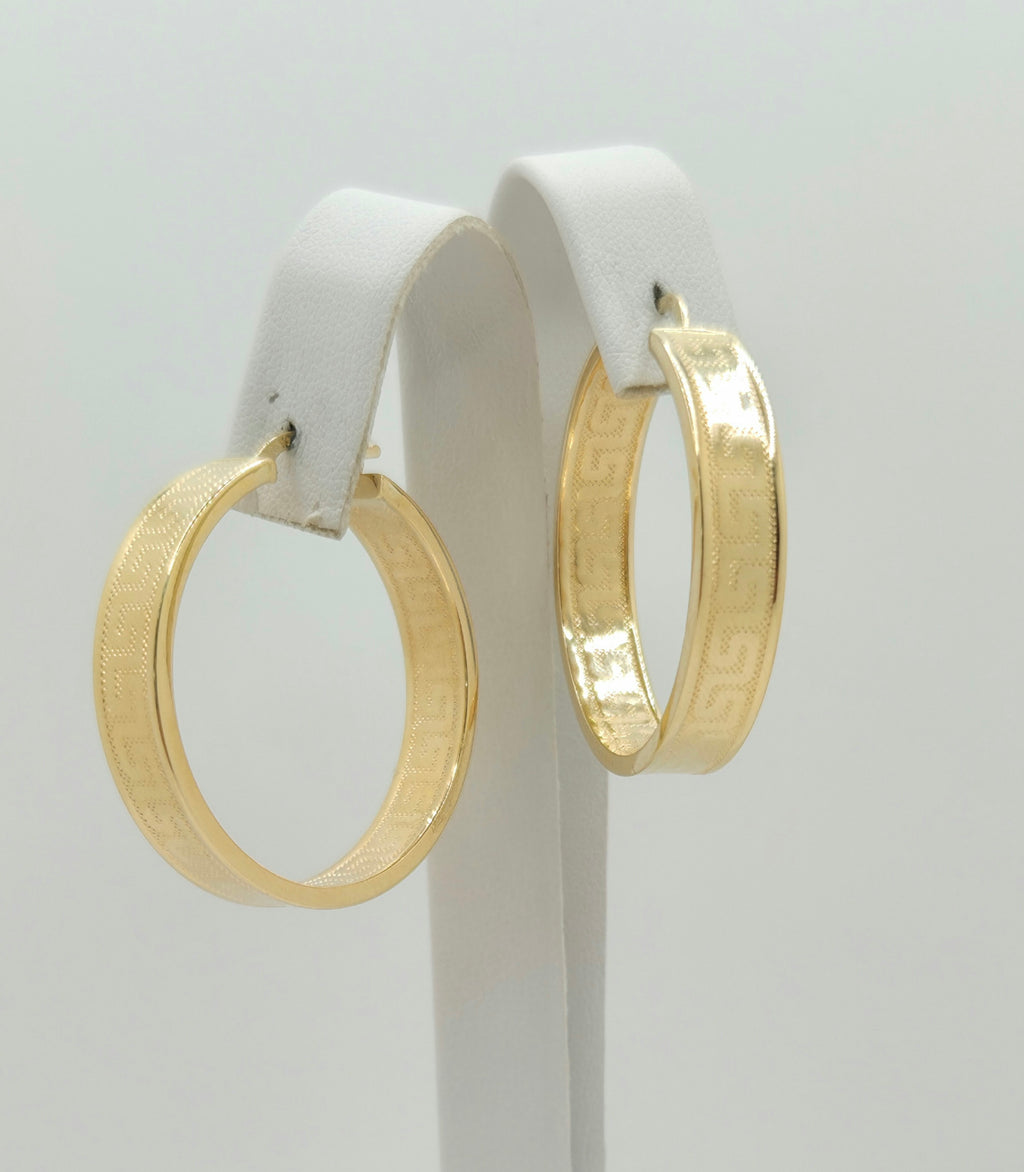 14KT GREEK DESIGN STRAIGHT EDGE HOOPS EARRINGS Size 6 7MM Weight 7.3GR
