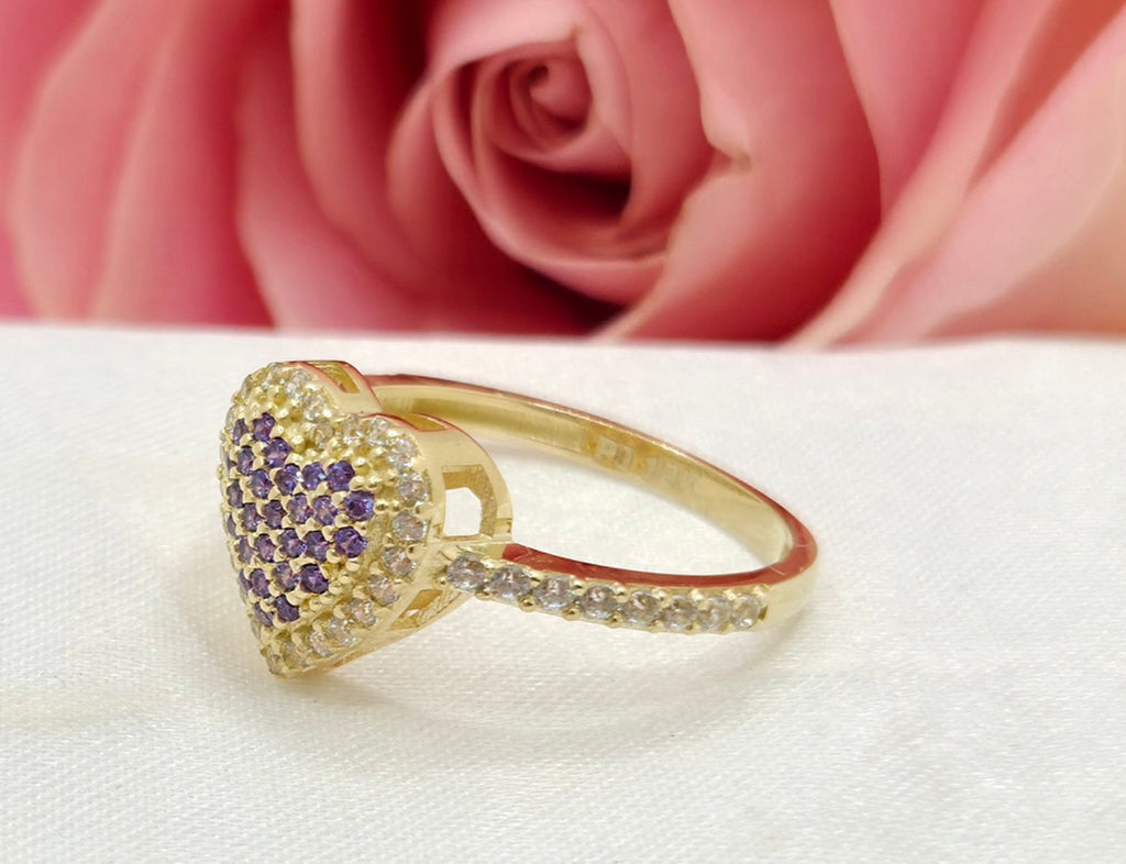 10KT CZ PURPLE MEDIUM HEART RING Size 5.5 Weight 1.8GR