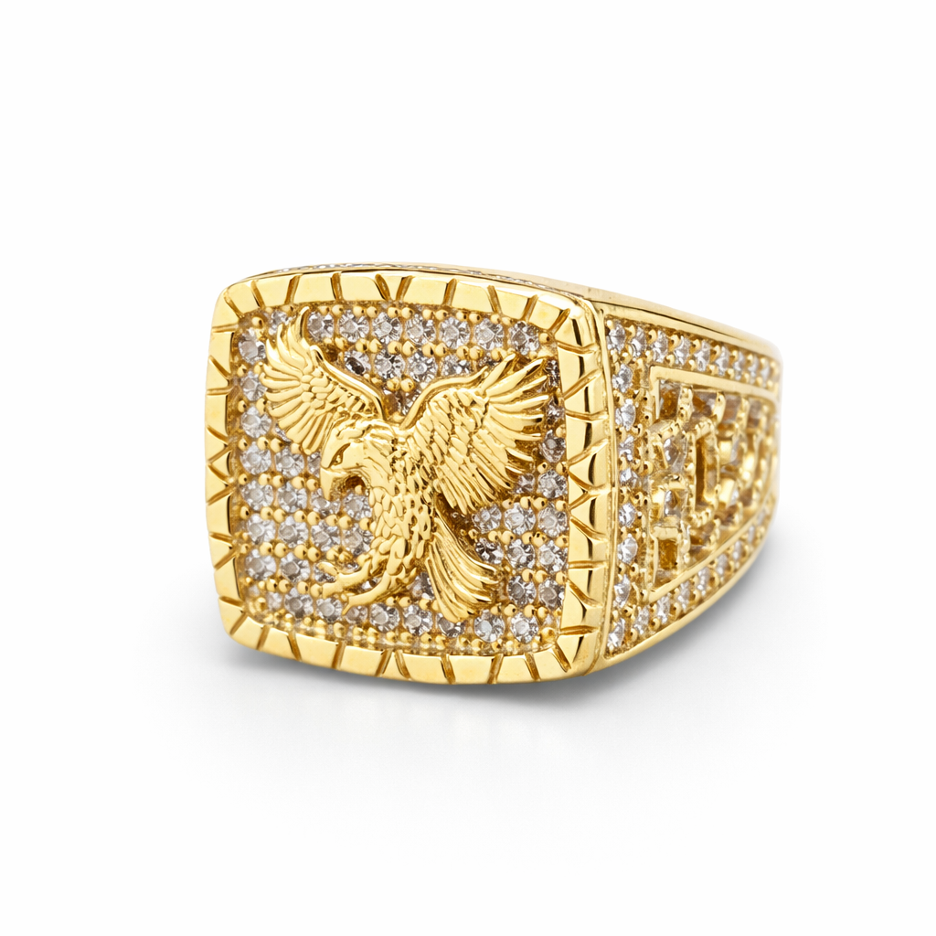 14KT CZ BACKGROUND NUGGETS DETAILS EAGLE RING Size 12 Weigth 9.7GR