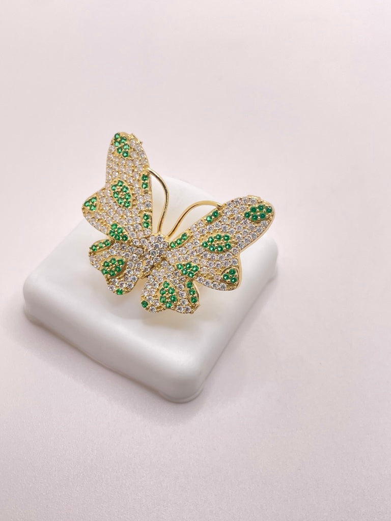 10KT FANCY BIG BUTTERFLY WITH GREEN AND WHITE STONES RING  Size 7 Weight 5.27GR