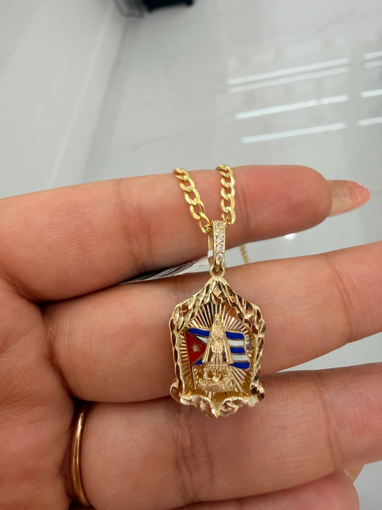 10K Solid Diamond-Cut Chain, 3.5mm, 16 Inches, with Small Virgin of Charity Pendant