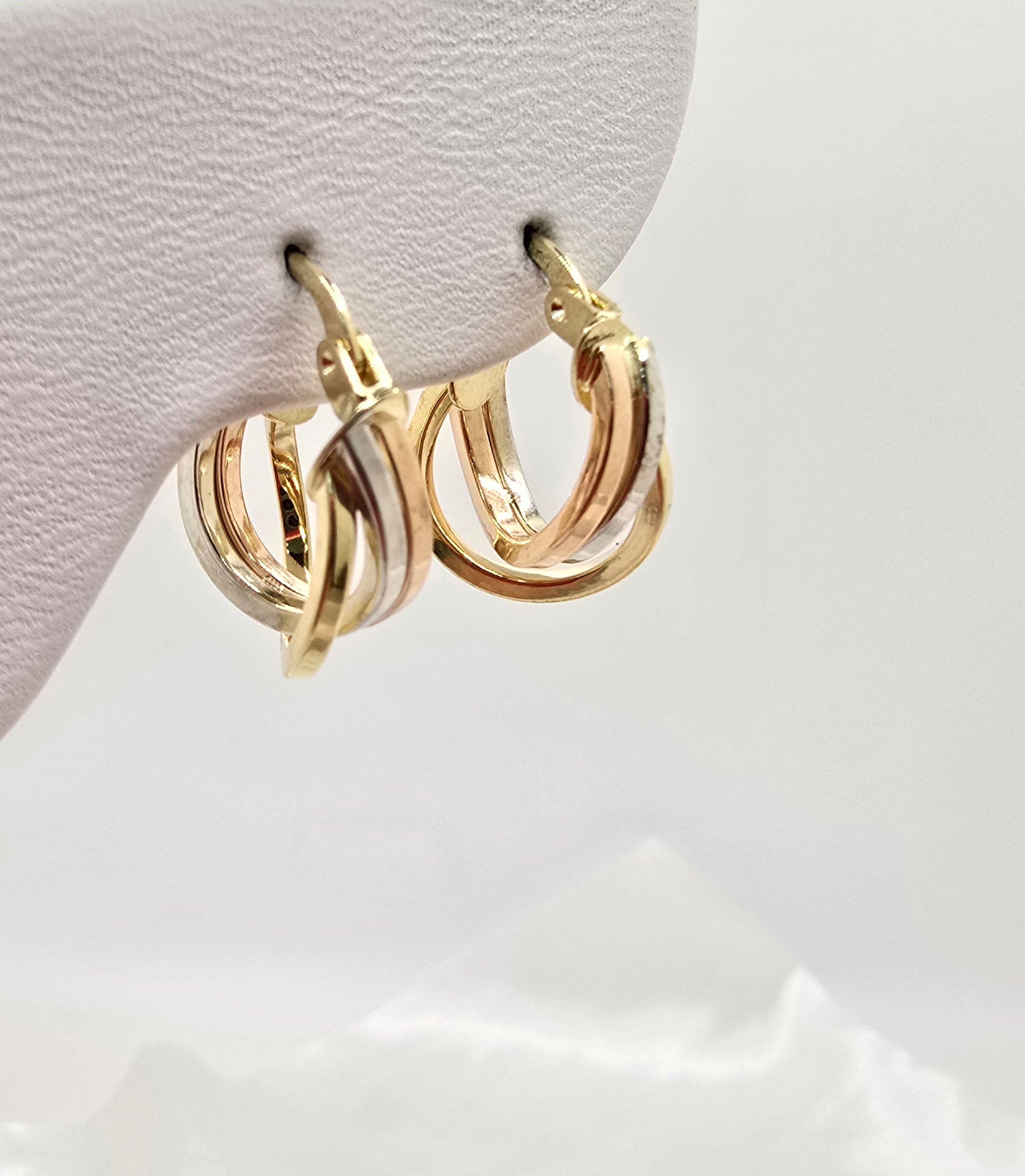 14KT SMALL ROUND THREE TONE TWISTED TRIPLE HOOPS EARRINGS Weight 1.9GR