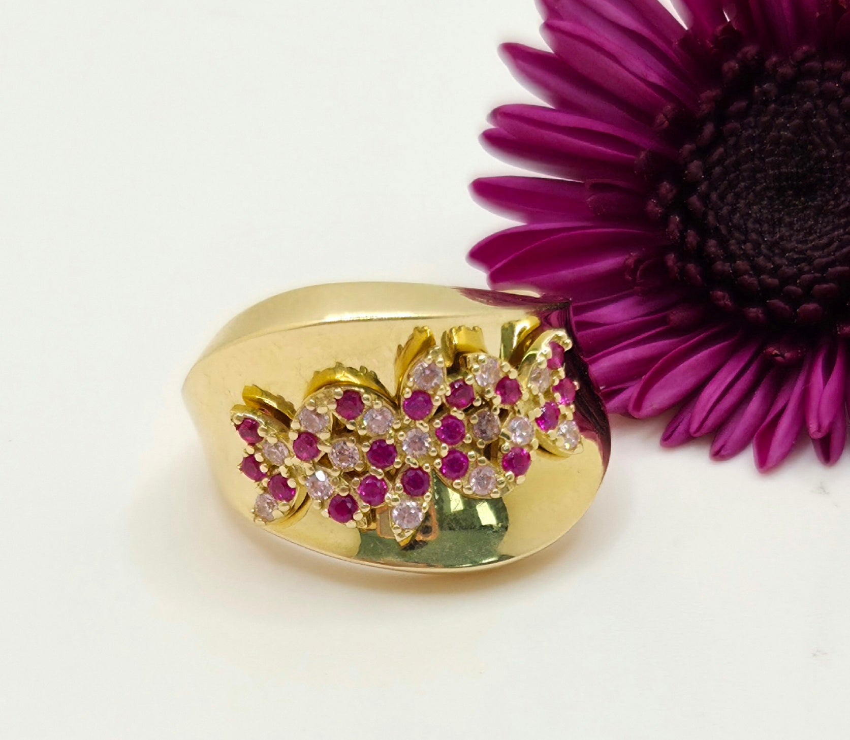 14KT MODERN CZ PINK FLOWER RING Size 7 Weight 4.6GR