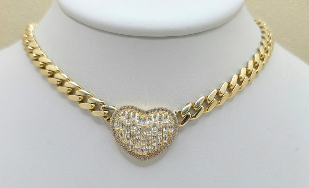 10KT CUBAN LINK BAGUETTE HEART NECKLACE Size 16INCH 6.5GR Weight 24GR